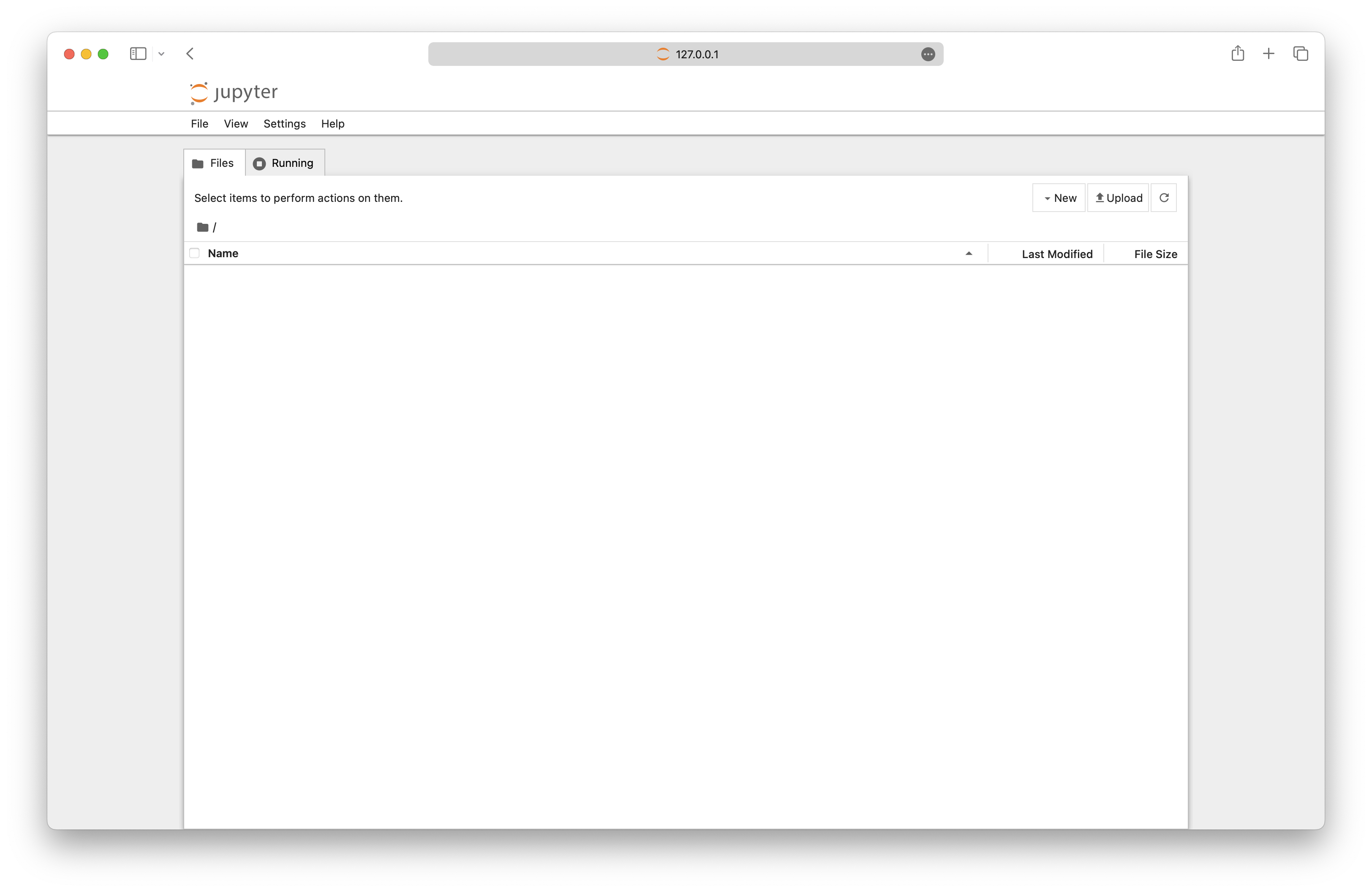 The Jupyter landing page you should see when you first run it. You may or may not see some files in the browser, depending on what you have saved in the directory from which you launched the notebook.